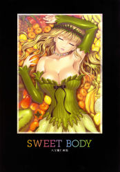 Rule 34 | 1girl, apple, armpits, artbook, avocado, banana, berry, blonde hair, breasts, cantaloupe, cleavage, closed eyes, corset, detached sleeves, earrings, elbow gloves, food, fruit, gloves, grapes, happoubi jin, highres, jewelry, large breasts, lemon, mango, nashi pear, necklace, orange (fruit), papaya, pear, persimmon, pineapple, purple eyes, solo, starfruit, strawberry, sweet body, watermelon