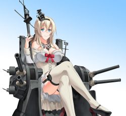 Rule 34 | black footwear, blonde hair, blue eyes, braid, corset, crossed legs, crown, dress, flower, french braid, garter straps, globus cruciger, gradient background, henshako, high heels, jewelry, kantai collection, long hair, long sleeves, machinery, mary janes, mini crown, necklace, off-shoulder dress, off shoulder, red flower, red ribbon, red rose, ribbon, rose, scepter, shoes, solo, thighhighs, throne, warspite (kancolle), white dress, white thighhighs