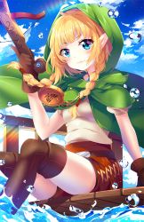 Rule 34 | 1girl, ahoge, arm support, arm up, belt, blonde hair, blue eyes, blue sky, blush, boots, bow (weapon), braid, breasts, brown footwear, brown gloves, brown shorts, cloak, closed mouth, cloud, cloudy sky, collar, compass, cropped legs, crossbow, day, deviantart username, diffraction spikes, gem, gloves, heart, highres, holding, holding weapon, hood, hooded cloak, hyrule warriors, jewelry, light rays, linkle, lips, looking at viewer, medium breasts, necklace, nintendo, outdoors, pointy ears, rainbow gradient, shirt, short hair, short sleeves, shorts, sitting, sky, smile, soaking feet, solo, splashing, squchan, sunbeam, sunlight, the legend of zelda, thigh boots, thighhighs, thighs, twin braids, water, water drop, weapon, white shirt