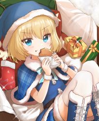 Rule 34 | 1girl, absurdres, blonde hair, blue capelet, blue dress, blue eyes, blue footwear, blue hat, blue santa costume, bob cut, boots, capelet, christmas, closed mouth, commentary, cursive, dress, eating, english text, food, food on face, frown, fur-trimmed capelet, fur-trimmed dress, fur cuffs, fur trim, gift, girls und panzer, girls und panzer senshadou daisakusen!, hat, highres, holding, holding food, katyusha (girls und panzer), leaning back, looking at viewer, merry christmas, official alternate costume, plaid capelet, sack, santa boots, santa costume, santa dress, santa hat, short dress, short hair, sitting, snowman, solo, sparkle, thighhighs, white thighhighs, yaminabe (szhal14)