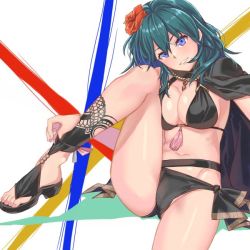 Rule 34 | 1girl, aqua hair, bikini, black bikini, blue eyes, breasts, byleth (female) (fire emblem), byleth (female) (summer) (fire emblem), byleth (fire emblem), cameltoe, cleavage, fire emblem, fire emblem: three houses, fire emblem heroes, flower, hair flower, hair ornament, knee up, large breasts, looking at viewer, nail polish, navel, nintendo, official alternate costume, sitting, smile, solo, swimsuit, tac sns, thighs