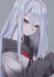 Rule 34 | 1girl, bad neck, blue eyes, closed mouth, grey background, grey sweater, hair between eyes, head tilt, highres, light smile, long hair, looking at viewer, project sekai, silver hair, simple background, solo, sweater, tsune (tune), upper body, yoisaki kanade