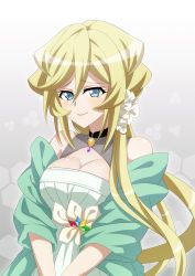 Rule 34 | 1girl, aged up, blonde hair, breasts, carol malus dienheim, cleavage, closed mouth, dress, floating hair, gradient background, grey background, hair between eyes, highres, jewelry, large breasts, long hair, miona yui, mole, mole under eye, pendant, senki zesshou symphogear, shiny skin, sleeveless, sleeveless dress, smile, solo, upper body, very long hair, white background, white dress