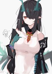 Rule 34 | 1girl, arknights, arm tattoo, asususususu, bead bracelet, beads, between breasts, black collar, black hair, black jacket, bracelet, breasts, china dress, chinese clothes, cleavage, cleavage cutout, clothing cutout, collar, colored skin, doctor (arknights), dragon girl, dragon horns, dragon tail, dress, dusk (arknights), ear piercing, green hair, green skin, hair over one eye, highres, horns, jacket, jewelry, large breasts, looking at viewer, multicolored hair, necktie, off shoulder, piercing, pointy ears, red hair, red necktie, simple background, sleeveless, sleeveless dress, solo, streaked hair, tail, tattoo, upper body, white background, white dress