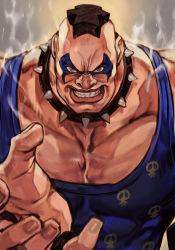 Rule 34 | 1boy, abigail (final fight), angry, armlet, black hair, blue shirt, capcom, clenched teeth, collar, collarbone, face, facepaint, final fight, hand up, hungry clicker, male focus, mohawk, muscular, nose, palms, shirt, solo, spiked collar, spikes, street fighter, street fighter v, tank top, teeth