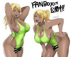 Rule 34 | 1girl, armpits, bar censor, blonde hair, blush, breasts, bulge, censored, cleavage, cowboy shot, dark-skinned female, dark skin, fang, futanari, green one-piece swimsuit, hand on own hip, highleg, highleg swimsuit, looking at viewer, multiple views, one-piece swimsuit, one eye closed, open mouth, original, ponytail, shibusun, sideboob, simple background, skin fang, smile, swimsuit, white background