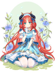 Rule 34 | 1girl, absurdres, alternate costume, blue bow, blue dress, blue flower, blue gemstone, bow, circlet, closed mouth, commentary request, dress, fake horns, flower, frilled dress, frilled hairband, frills, full body, gem, genshin impact, gloves, green eyes, hair bow, hairband, hand up, highres, horns, lalazyt, layered dress, long hair, looking at viewer, nilou (genshin impact), nilou (gigo) (genshin impact), no shoes, off-shoulder dress, off shoulder, puffy short sleeves, puffy sleeves, red hair, short sleeves, sitting, smile, solo, thighhighs, very long hair, wariza, white gloves, white thighhighs