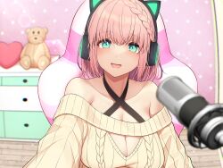 Rule 34 | :d, animal ear headphones, animal ears, aqua eyes, arm at side, asymmetrical hair, bare shoulders, beige sweater, blurry, blurry background, braid, breasts, bush, cat ear headphones, chair, cleavage, cleavage cutout, clothing cutout, collarbone, drawer, fake animal ears, french braid, gaming chair, glowing, go-1, halterneck, headphones, heart, heart-shaped pillow, highres, indoors, large breasts, looking at viewer, microphone, off-shoulder sweater, off shoulder, open mouth, original, pillow, pink hair, polka dot, ribbed sweater, room, short hair, single braid, smile, sparkle, striped, stuffed animal, stuffed toy, sweater, swivel chair, teddy bear, upper body, vertical stripes, wooden floor