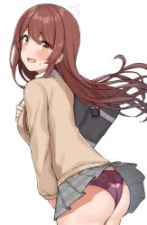 Rule 34 | 1girl, absurdres, ass, bag charm, blush, breasts, brown hair, charm (object), clothes lift, commentary, cowboy shot, debi tarou, dot nose, embarrassed, floating hair, from side, grey skirt, hand up, highres, idolmaster, idolmaster shiny colors, long sleeves, looking at viewer, miniskirt, open mouth, osaki tenka, panties, plaid, plaid skirt, pleated skirt, raised eyebrows, shiny skin, simple background, skirt, skirt lift, solo, surprised, sweatdrop, teeth, underwear, upper teeth only, wanimaru, wavy mouth, white background, wind, wind lift