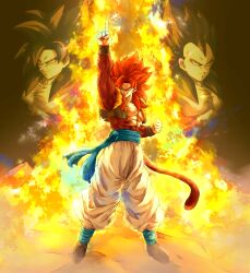 Rule 34 | 3boys, abs, absurdres, arm up, baggy pants, black hair, black vest, blue eyes, blue sash, body fur, boots, brown footwear, clenched hand, closed mouth, collarbone, commentary request, dragon ball, dragon ball gt, fire, full body, glaring, gogeta, hand up, highres, index finger raised, looking at viewer, male focus, metamoran vest, monkey tail, multiple boys, muscular, muscular male, open clothes, open vest, pants, papita pochi, parted bangs, parted lips, pectorals, red fur, red hair, sash, serious, smile, solo focus, son goku, spiked hair, standing, super saiyan, super saiyan 4, tail, v-shaped eyebrows, vegeta, vest, white pants, wristband