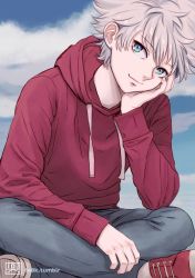 Rule 34 | 1boy, 1o8k, blue eyes, closed mouth, commentary, drawstring, english commentary, hand on own cheek, hand on own face, head rest, head tilt, hood, hood down, hoodie, hunter x hunter, killua zoldyck, long sleeves, looking up, male focus, pants, red footwear, red hoodie, shoes, sideways glance, sitting, smile, smirk, solo, spiked hair, watermark, web address, white hair