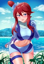 Rule 34 | 1girl, absurdres, blue eyes, blush, breasts, cowboy shot, creatures (company), crop top, diffraction spikes, game freak, gloves, grass, hair between eyes, highres, large breasts, leaning forward, long sleeves, looking at viewer, midriff, navel, nintendo, open mouth, outdoors, poke ball, pokemon, pokemon bw, red hair, short shorts, shorts, sidelocks, sky, skyla (pokemon), smile, solo, tsumikiy, water
