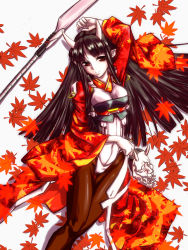 Rule 34 | 1girl, black hair, bodysuit, breasts, character request, highres, hime cut, horns, kyoukaisenjou no horizon, large breasts, leaf, long hair, maple leaf, oni, pantyhose, polearm, red eyes, shirosaki seizou, solo, weapon