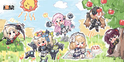 Rule 34 | 6+girls, :&lt;, apple, apple tree, blonde hair, blue sky, blush, blush stickers, bow (weapon), bush, cake, cake slice, chinese commentary, cloud, cloudy sky, copyright name, cup, dinergate (girls&#039; frontline), food, fruit, g36 (girls&#039; frontline), girls&#039; frontline, girls&#039; frontline 2: exilium, helena (girls&#039; frontline 2), highres, logo, multiple girls, official art, open mouth, pink hair, purple hair, sharp teeth, sky, sun, teacup, teapot, teeth, tree, triangle mouth, ullrid (girls&#039; frontline 2), ump9 (girls&#039; frontline), vepley (girls&#039; frontline 2), wa2000 (girls&#039; frontline), weapon