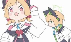 2girls animal_ear_headphones animal_ears animated blonde_hair blue_archive blue_bow blue_necktie blunt_bangs blush bow cat_ear_headphones cat_ears collared_shirt cropped_torso fake_animal_ears green_eyes green_halo hair_bow hair_ornament hairdressing halo headphones jacket midori_(blue_archive) mmmkawaine momoi_(blue_archive) multiple_girls necktie open_clothes open_jacket open_mouth pink_eyes pointing pointing_at_viewer red_bow shirt short_hair sidelocks simple_background sleeves_past_wrists tagme video white_background white_shirt