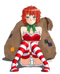 Rule 34 | 1girl, amputee, armless amputee, bare shoulders, belt, blush, breasts, collarbone, commentary, double amputee, english commentary, full body, fur trim, green eyes, green ribbon, katawa shoujo, looking at viewer, medium breasts, neck ribbon, no shoes, panties, red hair, ribbon, sack, santa costume, short hair, simple background, sitting, smile, solo, striped clothes, striped panties, striped thighhighs, tezuka rin, thighhighs, twrlare, underwear, white background