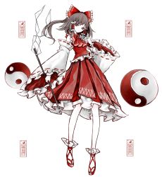 Rule 34 | 1girl, absurdres, ascot, black hair, bow, detached sleeves, full body, gohei, hair bow, hair tubes, hakurei reimu, highres, japanese clothes, long sleeves, looking at viewer, miko, nontraditional miko, ofuda, oonusa, orb, ponytail, red bow, red eyes, red shirt, red skirt, ribbon-trimmed sleeves, ribbon trim, shirt, sidelocks, skirt, skirt set, sleeveless, sleeveless shirt, solo, touhou, wide sleeves, yin yang, yin yang orb, yutapon