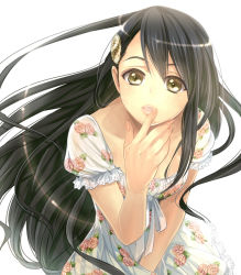 1girl black_hair dress female_focus flower fumi_(butakotai) lips long_hair nail_polish original rose solo white_dress yellow_eyes