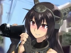Rule 34 | 10s, 1girl, black hair, blush, camcorder, commentary request, fingerless gloves, gloves, headgear, highres, kantai collection, long hair, mizuumi (bb), nagato (kancolle), red eyes, sky, smile, solo, video camera