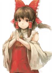 Rule 34 | 1girl, ascot, bare shoulders, bow, brown eyes, brown hair, detached sleeves, dress, hair bow, hair tubes, hakurei reimu, looking at viewer, own hands together, red dress, simple background, smile, solo, touhou, upper body, white background, wide sleeves, yoss 3