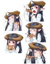 Rule 34 | 1girl, :t, animal ears, black hair, blush, burger, closed eyes, crepe, dragon ears, eating, food, hand on own face, happy, heart, holding, holding food, horned girl (jaco), horns, jaco, long hair, long sleeves, musical note, original, pizza, red eyes, simple background, smile, solo, white background