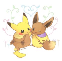 Rule 34 | commentary request, cosplay, costume, creatures (company), eevee, game freak, gen 1 pokemon, holding hands, konanbo, nintendo, no humans, one eye closed, pikachu, pikachu (cosplay), pokemon, pokemon (creature)