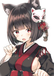 Rule 34 | 1girl, :o, animal ears, azur lane, black hair, black kimono, blush, bow, breasts, cat ears, commentary request, fang, fox mask, hair bow, hair ornament, hand up, japanese clothes, kimono, long sleeves, looking at viewer, mask, mask on head, medium breasts, midorikawa you, parted lips, red bow, red eyes, short hair, sideboob, simple background, solo, white background, wide sleeves, yamashiro (azur lane)