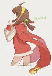 Rule 34 | 1girl, ahoge, brown hair, cape, dress, green eyes, hair ornament, hairband, lilka eleniak, long hair, looking at viewer, low-tied long hair, momori muku, open mouth, simple background, skirt, smile, solo, thighhighs, twintails, wild arms, wild arms 2, yellow hairband