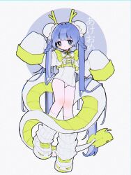 Rule 34 | 1girl, akeome, arm up, black eyes, blue hair, blush, braid, braided hair rings, bright pupils, chinese zodiac, chromatic aberration, circle, commentary, covered navel, crop top, double bun, dragon horns, dragon tail, film grain, full body, hair bun, hair intakes, hands up, happy new year, highres, horns, kneehighs, knees together feet apart, long hair, long sleeves, loose socks, new year, one-piece swimsuit, original, parted lips, school swimsuit, shoes, short eyebrows, simple background, sleeves past fingers, sleeves past wrists, sneakers, socks, solo, swimsuit, swimsuit under clothes, tail, tassel, thick eyebrows, translation request, twin braids, twintails, upa papa co, very long hair, white background, white footwear, white one-piece swimsuit, white pupils, white sneakers, white socks, white swimsuit, year of the dragon