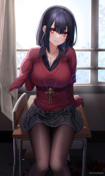 Rule 34 | 1girl, armband, artist name, black hair, black shirt, black skirt, blood, blouse, breasts, brown pantyhose, chair, classroom, cleavage, closed mouth, collared shirt, cross, day, desk, ear piercing, feet out of frame, head tilt, highres, indoors, ironatsuki, jewelry, large breasts, looking at viewer, miniskirt, nail, necklace, on table, original, pantyhose, piercing, pleated skirt, red eyes, red sweater, school chair, school desk, shirt, short hair, sitting, skirt, sleeves past fingers, sleeves past wrists, smile, solo, sweater, table, twitter username, window