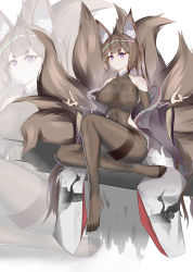 Rule 34 | 1girl, 3098644761, absurdres, amagi (azur lane), animal ears, animal print, azur lane, bare shoulders, bird, bodystocking, breasts, brown hair, brown tail, chinese commentary, clothing cutout, covered erect nipples, crane (animal), fox ears, full body, highres, japanese clothes, kimono, kitsune, kyuubi, large breasts, long hair, long sleeves, m/, multiple tails, no shoes, open clothes, open kimono, purple eyes, shoulder cutout, solo, tail, thighs, white kimono, wide sleeves