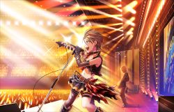 Rule 34 | 10s, artist request, belt, boots, brown hair, chain, choker, collarbone, earrings, fingerless gloves, garter straps, gloves, green eyes, idolmaster, idolmaster cinderella girls, idolmaster cinderella girls starlight stage, jewelry, kimura natsuki, microphone, microphone stand, music, nail polish, navel, official art, open mouth, red nails, short hair, singing, single thighhigh, skirt, smile, solo focus, sweat, thighhighs, torn clothes, torn legwear