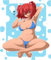Rule 34 | 1girl, armpits, arms behind head, bad id, bad pixiv id, barefoot, belly, bikini, blue bikini, breasts, female focus, hair bobbles, hair ornament, indian style, kara age, large breasts, onozuka komachi, plump, purple eyes, red hair, short hair, sideboob, sitting, solo, swimsuit, thick thighs, thighs, touhou, twintails, two side up