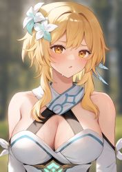 Rule 34 | 1girl, :o, bare shoulders, blonde hair, blurry, blurry background, blush, breasts, cleavage, close-up, commentary, detached sleeves, dress, english commentary, feather hair ornament, feathers, flower, genshin impact, hair between eyes, hair flower, hair ornament, highres, karacak, large breasts, looking at viewer, lumine (genshin impact), mole, mole on breast, open mouth, parted lips, revision, short hair with long locks, sweat, symbol in eye, upper body, white dress, white flower, yellow eyes
