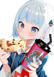 Rule 34 | 1girl, :t, absurdres, animal hood, bloop (gawr gura), blue eyes, blue hair, blue hoodie, blue nails, blunt bangs, blush, breasts, cheese trail, closed mouth, commentary, cup, drink, drinking straw, eating, food, gawr gura, gawr gura (1st costume), hair ornament, highres, holding, holding drink, holding food, holding pizza, hololive, hololive english, hood, hoodie, medium hair, multicolored hair, nail polish, pizza, shark hair ornament, shark hood, short twintails, silver hair, simple background, small breasts, solo, streaked hair, symbol-only commentary, twintails, two-tone hair, upper body, virtual youtuber, white background, yoyoshi renga