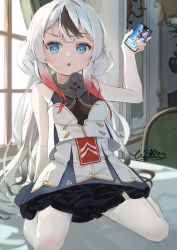 Rule 34 | 1girl, :o, absurdres, arm support, artist name, azur lane, bare arms, bare shoulders, blue archive, blue eyes, breasts, cellphone, gradient hair, highres, holding, holding phone, indoors, l&#039;indomptable (azur lane), looking at viewer, mixed-language commentary, multicolored hair, on bed, open mouth, pantyhose, phone, red hair, signature, sitting, small breasts, smartphone, solo, thighband pantyhose, v-shaped eyebrows, wariza, white hair, white pantyhose, wittmann (ehvr8373)
