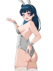 Rule 34 | 1girl, absurdres, ass, blue eyes, chaso (480), highres, leotard, looking at viewer, love live!, love live! sunshine!!, open mouth, playboy bunny, purple eyes, simple background, smile, solo, tsushima yoshiko