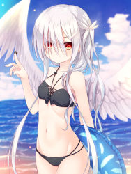 Rule 34 | 1girl, :o, angel, angel wings, animal, animal on hand, bare shoulders, bikini, black bikini, black bow, blue sky, blush, bow, bow bikini, breasts, cloud, collarbone, commentary request, day, feather hair ornament, feathered wings, feathers, fingernails, groin, hair between eyes, hair ornament, hermit crab, highres, horizon, innertube, long hair, looking at viewer, navel, ocean, original, outdoors, parted lips, red eyes, sand, sky, small breasts, solo, swim ring, swimsuit, very long hair, water, white feathers, white hair, white wings, wings, yuku (kiollion)