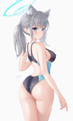 Rule 34 | 1girl, absurdres, animal ear fluff, animal ears, arm at side, artist name, ass, back, bare arms, bare shoulders, blue archive, blue eyes, blue halo, blush, breasts, competition swimsuit, covered erect nipples, cowboy shot, cross hair ornament, earrings, expressionless, eyelashes, from behind, grey hair, hair ornament, halo, hand up, highres, jewelry, long hair, looking to the side, medium breasts, meyrink, mismatched pupils, multicolored clothes, multicolored swimsuit, one-piece swimsuit, parted lips, ponytail, shiroko (blue archive), shiroko (swimsuit) (blue archive), sideboob, sidelocks, simple background, solo, standing, swimsuit, teeth, turning head, white background