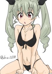 Rule 34 | 10s, 1girl, anchovy (girls und panzer), barefoot, bikini, blush, breasts, drill hair, drz 0318, female focus, girls und panzer, hair ornament, hair ribbon, highres, ribbon, solo, swimsuit, twintails