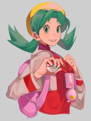 Rule 34 | 1girl, backpack, bag, commentary, creatures (company), cropped jacket, eyelashes, flipped hair, game freak, green eyes, green hair, green nails, grey jacket, grin, hat, highres, holding, holding poke ball, jacket, kris (pokemon), long hair, looking at viewer, mei (manjunii), nail polish, nintendo, pink bag, poke ball, poke ball (basic), pokemon, pokemon gsc, red shirt, shirt, smile, solo, twintails, upper body, yellow hat
