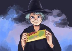 Rule 34 | 1girl, absurdres, black eyes, black hat, chanta (ayatakaoisii), copyright request, glasses, grey hair, hands up, hat, highres, huge filesize, looking at viewer, round eyewear, short hair, smile, solo, upper body, witch hat