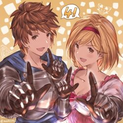 Rule 34 | 1boy, 1girl, anniversary, armor, blonde hair, bob cut, breastplate, brown hair, dated, djeeta (granblue fantasy), fighter (granblue fantasy), gauntlets, gran (granblue fantasy), granblue fantasy, granblue fantasy (style), looking at viewer, lyria (granblue fantasy), milli little, official style, open mouth, orange background, short hair, simple background, sketch, smile, twitter username, upper body, vyrn (granblue fantasy)