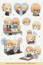 Rule 34 | !, !!, 1boy, 1girl, adjusting eyewear, annie leonhart, armin arlert, black jacket, black necktie, black pants, blonde hair, blue eyes, blush, bob cut, brown jacket, character name, chibi, closed eyes, collared shirt, computer, couch, crossed arms, cup, earrings, english text, glass, green shirt, grey hoodie, grey jacket, grey pants, highres, holding, holding cup, holding quill, hood, hoodie, jacket, jewelry, laptop, lida (lidalida04), medium hair, multiple earrings, multiple views, necktie, on head, open mouth, pants, pillow, pleated skirt, quill, red skirt, sample watermark, shingeki no kyojin, shirt, shirt under shirt, short hair, sitting, skirt, smile, sticker sheet, suit jacket, updo, watermark, white shirt, writing, zzz