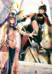 Rule 34 | 1boy, 1girl, backlighting, black hair, bracelet, bracer, breasts, closed mouth, crossed legs, egyptian, egyptian clothes, facial mark, fate/grand order, fate/prototype, fate/prototype: fragments of blue and silver, fate (series), hairband, hand on own cheek, hand on own face, highres, jewelry, long hair, looking at viewer, navel, nitocris (fate), outstretched arm, ozymandias (fate), pelvic curtain, purple eyes, purple hair, sakura hitsuji, sandals, sitting, small breasts, spread legs, staff, standing, underboob, yellow eyes