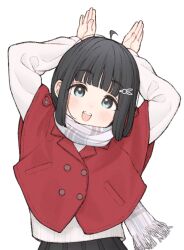Rule 34 | 1girl, 1ssakawaguchi, ahoge, arms up, black hair, blue eyes, blush, bob cut, chinese zodiac, hair ornament, head tilt, highres, jacket, looking at viewer, open mouth, original, rabbit hair ornament, rabbit pose, scarf, short hair, smile, solo, teeth, upper body, upper teeth only, white background, year of the rabbit