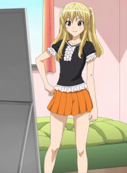 Rule 34 | 1girl, bed, bedroom, blonde hair, brown eyes, curtains, hands on own hips, highres, long hair, mangaka-san to assistant-san to, mirror, otosuna mihari, pleated skirt, screencap, skirt, solo, two side up, window