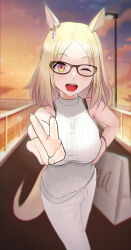 Rule 34 | 1girl, absurdres, animal ears, bare shoulders, blonde hair, blush, bridge, brown-framed eyewear, commentary request, ear covers, ear ornament, feet out of frame, glasses, hand on own hip, highres, horse ears, lamppost, looking at viewer, medium hair, mikazuki ukie, narita top road (umamusume), navel, one eye closed, open mouth, outdoors, pants, ribbed sweater, single ear cover, sleeveless, sleeveless sweater, smile, solo, standing, sunset, sweater, teeth, umamusume, upper teeth only, v, white pants