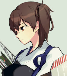 Rule 34 | 10s, 1girl, arrow (projectile), brown eyes, brown hair, japanese clothes, kaga (kancolle), kantai collection, long hair, looking away, looking down, muneate, nakatani, personification, side ponytail, simple background, solo, tasuki, upper body
