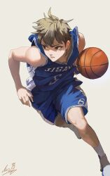Rule 34 | 1boy, ball, basketball, basketball (object), basketball jersey, basketball uniform, brown eyes, brown hair, highres, holding, holding ball, jersey, m.q (mqkyrie), male focus, mole, mole under eye, original, playing sports, running, short hair, simple background, solo, sportswear, white background